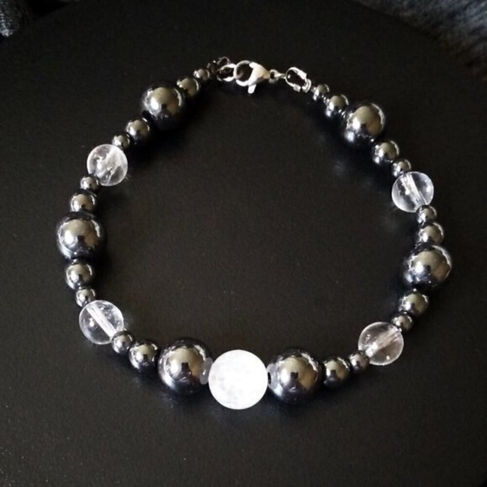 Large Hematite + Quartz Bracelet for 8.5" Wrist Memory Calm Clarity